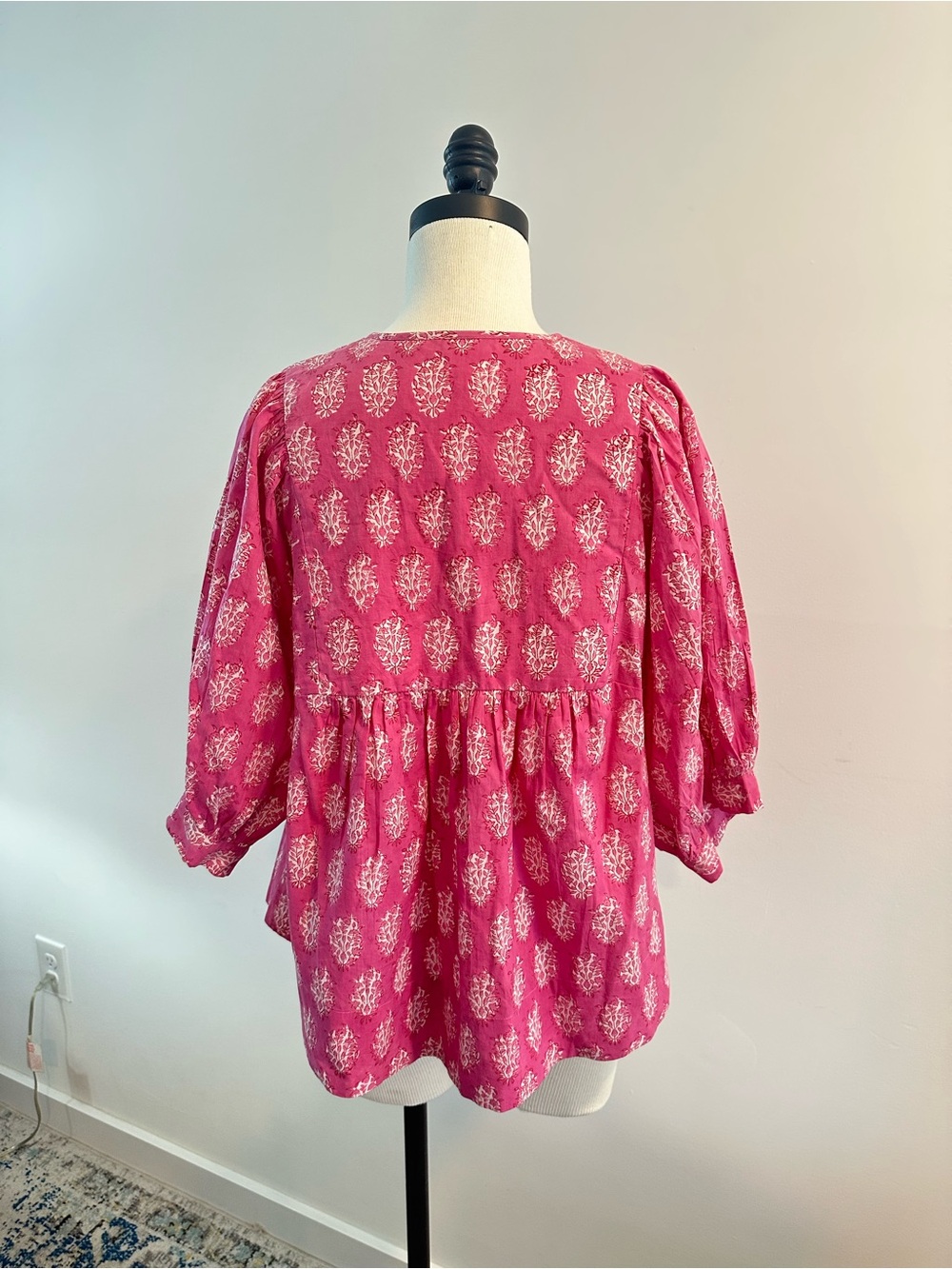 MAREA - Pink Block Print Puff Sleeve Peasant Blouse - Picture 7 of 7